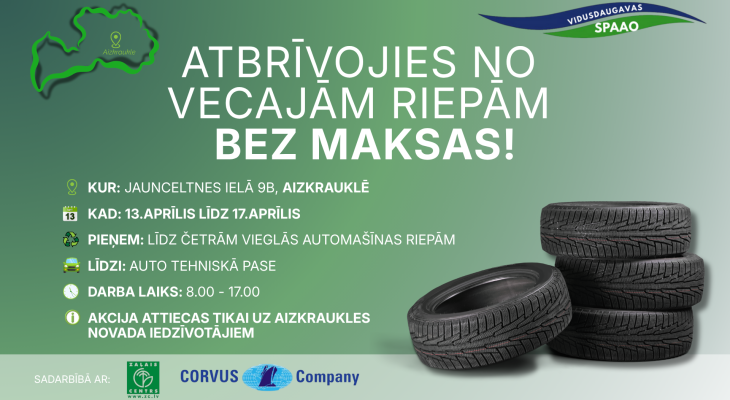 Bezmaksas riepu nodošana Aizkrauklē 13.-17.aprīlis, 2026.gads