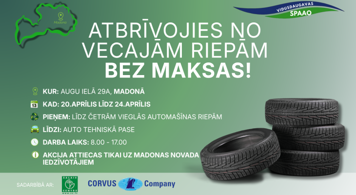 Bezmaksas riepu nodošana Madonas novadā | Akcija 2026