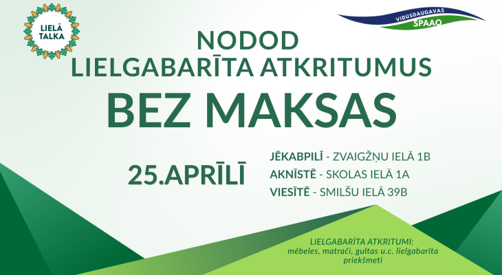Lielā Talka 2026: bezmaksas lielgabarīta atkritumu nodošana 25. aprīlī